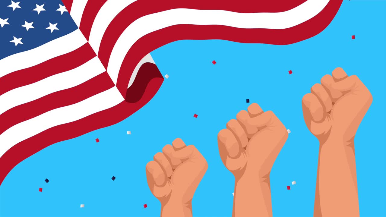 happy labor day celebration with usa flag and clenched hands