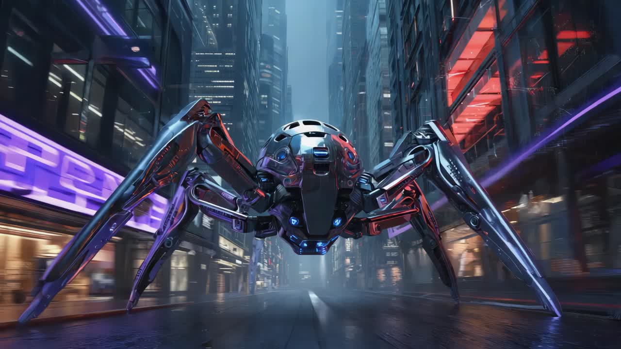Futuristic Spider Robot in a City