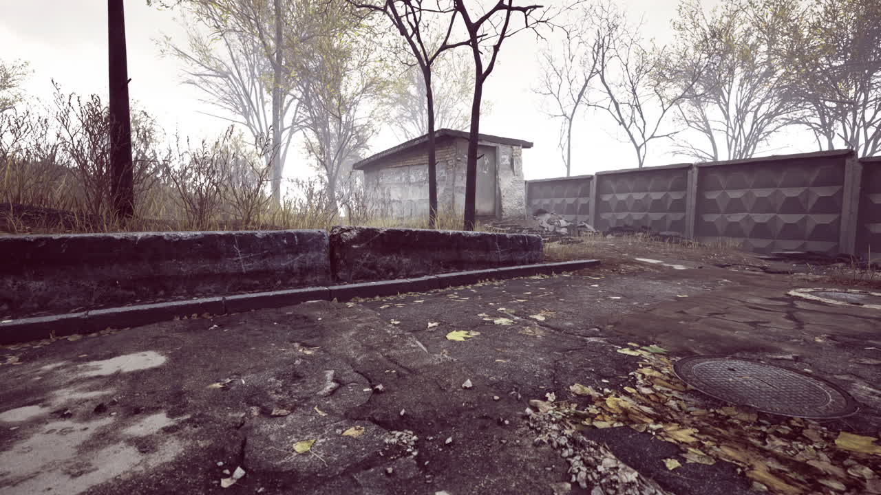 Foggy landscape reveals abandoned paths to a mysterious structure