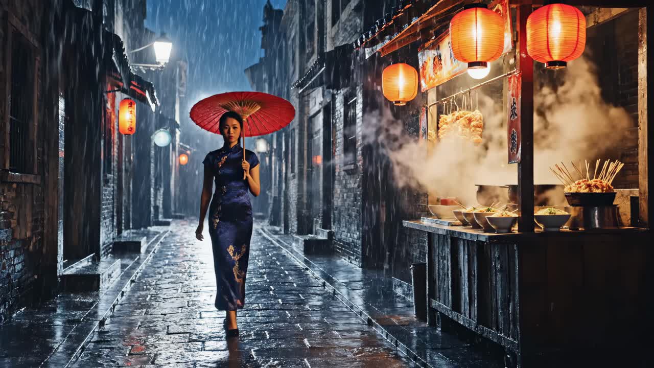 Woman with Red Umbrella in Rainy Asian Street