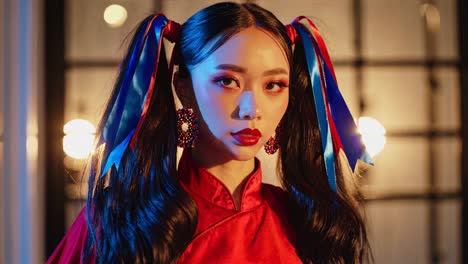 Fashionable Asian Woman in Red Dress with Pigtails
