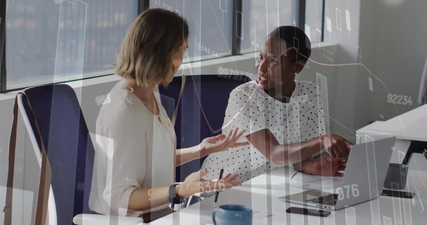 Animation of financial data processing over businesswomen in office
