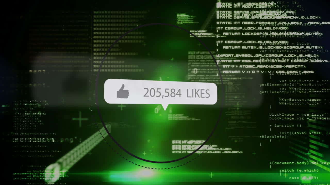 점점 더 많은 소셜 미디어 좋아요와 함께 컴퓨터 프로그래밍 스크립트의 디지털 비디오