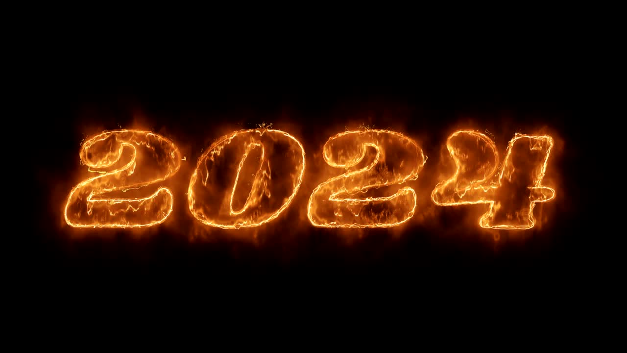 nuevo año 2024 palabra animada caliente ardiendo bucle de llama de fuego realista.