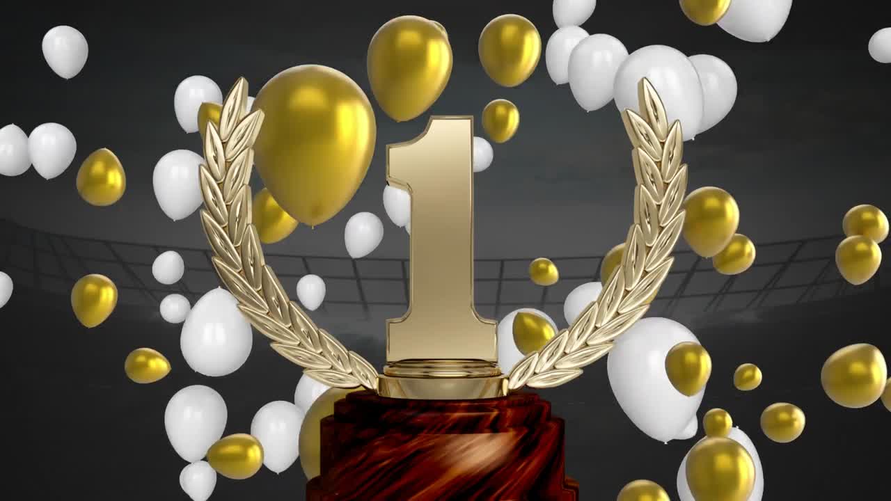 스포츠 경기장에서 1위 트로피와 풍선