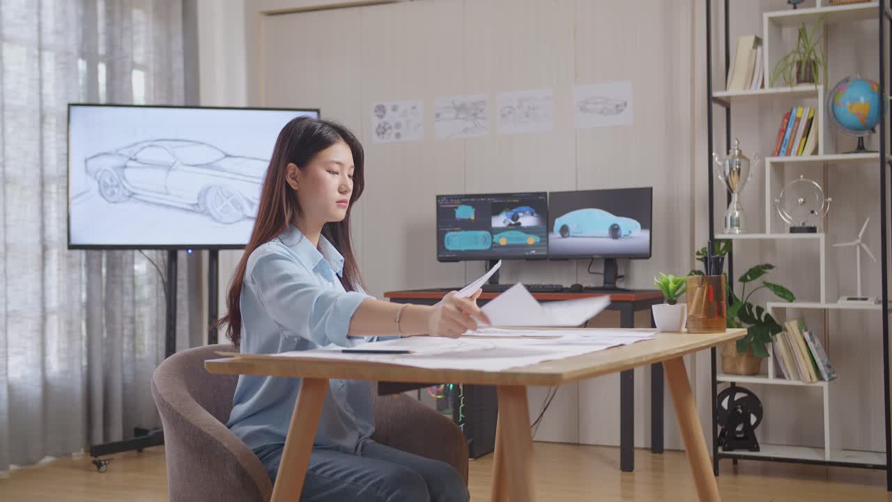 Female Automotive Designer Working on Car Design Plans