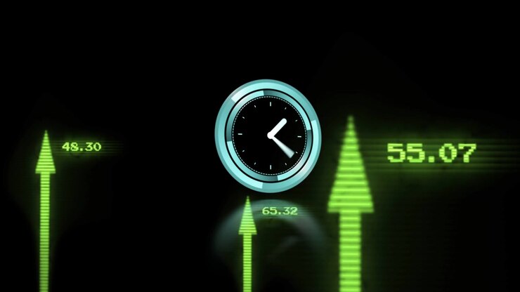 Neon-green arrow appearing at left edge starting clock rotating and arrows rising, showing growth