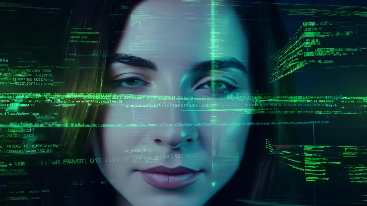 A woman's face is shown in a green screen with a black background. The woman's face is blurred and pixelated, giving the impression of a digital image. Scene is somewhat eerie and unsettling