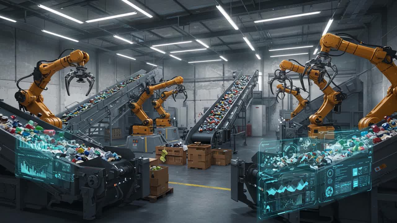 Automated Recycling Facility Showcasing Advanced Robotics and Sorting Technology in an Efficient Waste Management System for a Sustainable Future