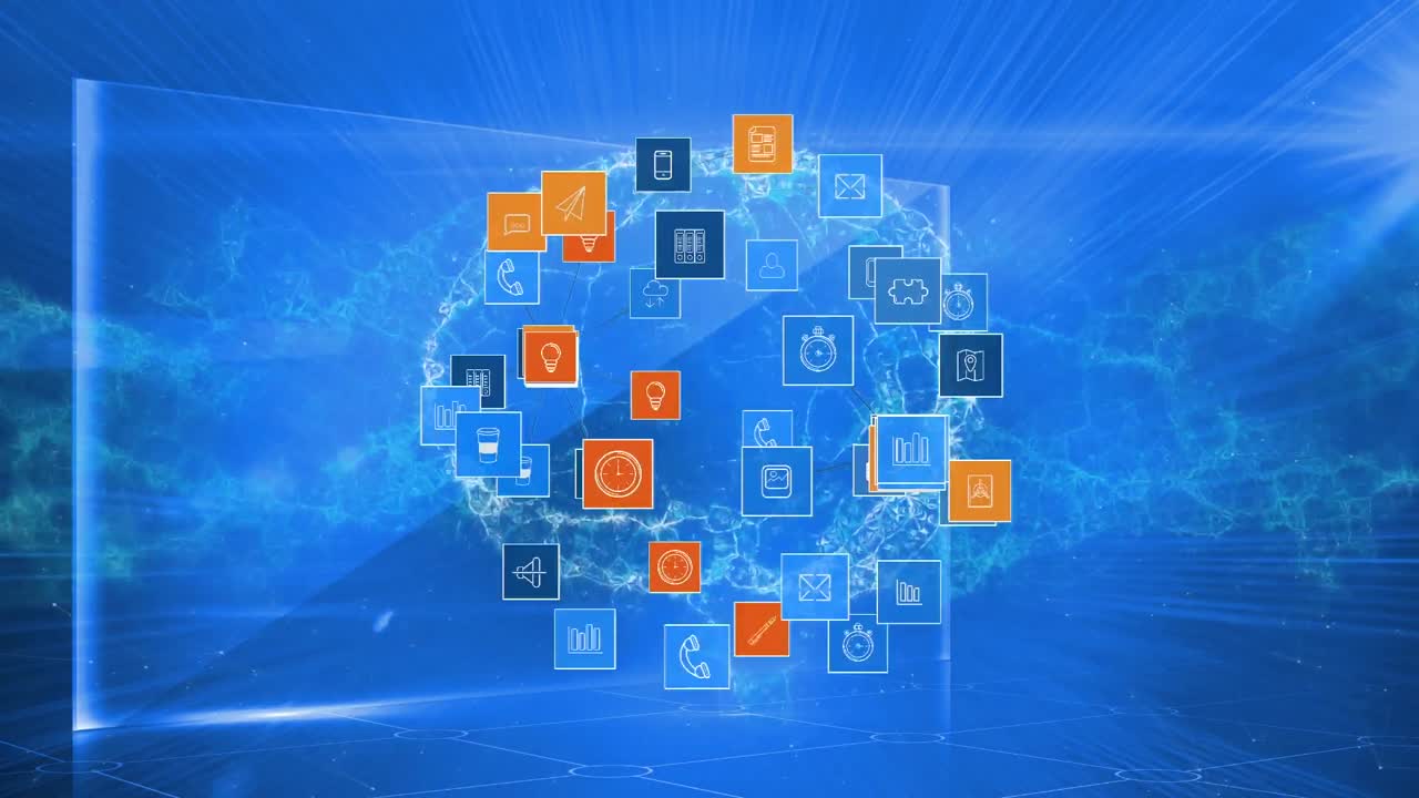 animación del globo sobre el procesamiento de datos y la red de conexiones con iconos
