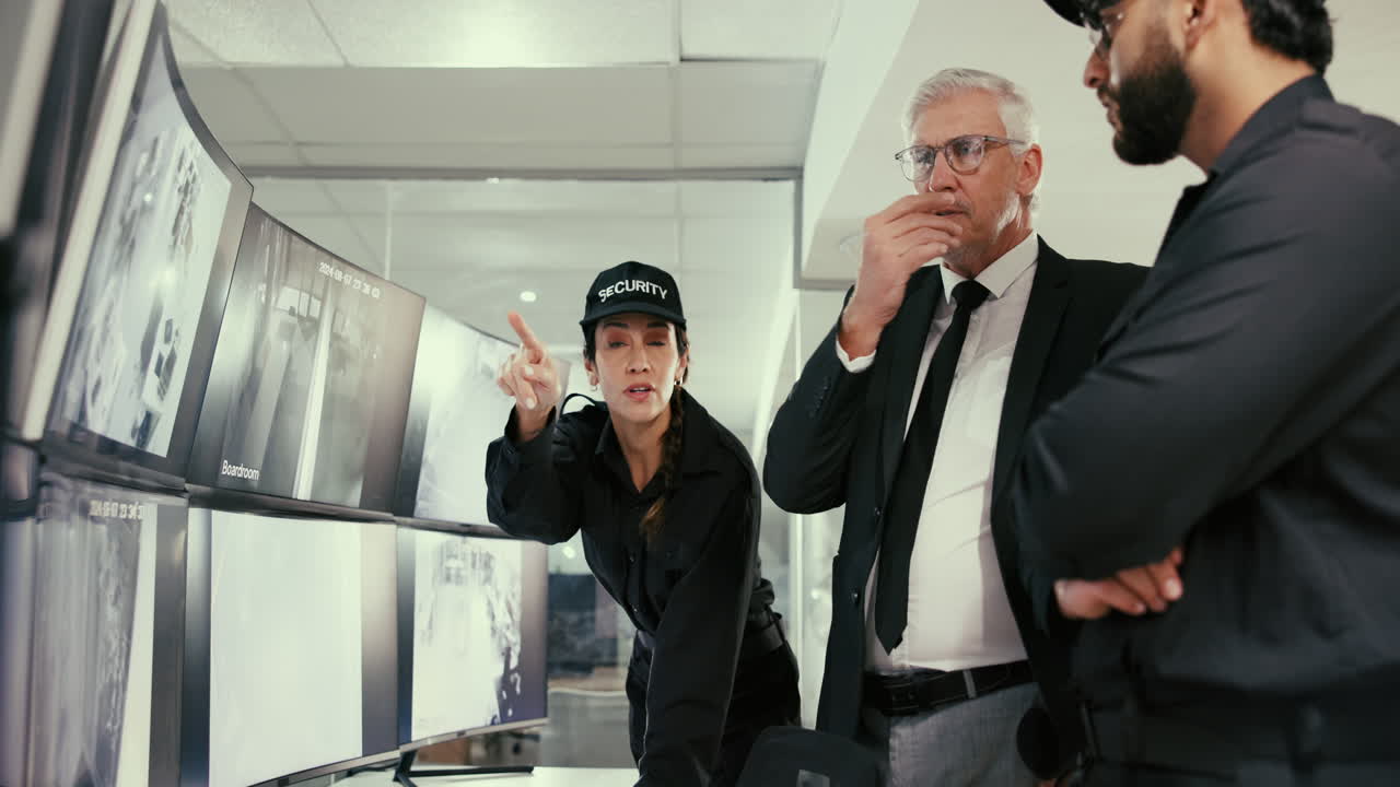 보안팀이 사무실에서 감시 영상을 모니터링합니다.