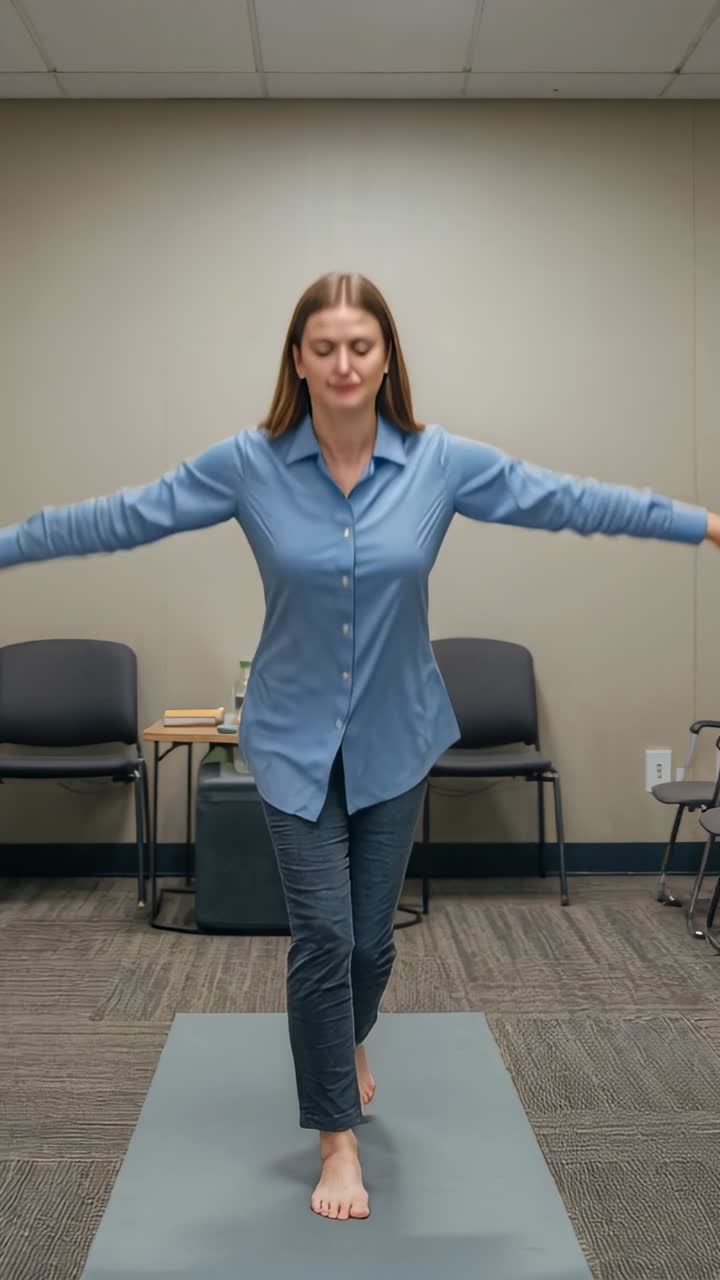 Video verticale: Donna che esegue un esercizio di equilibrio fluido su una gamba, partendo dalla posizione di preghiera su un tappetino, indossando una maglietta blu per l'equilibrio.