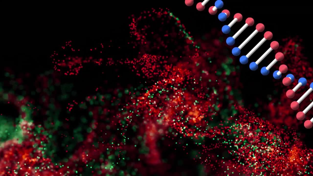 검은 바탕에 동적 파동을 형성하는 점 위의 dna 나선의 애니메이션