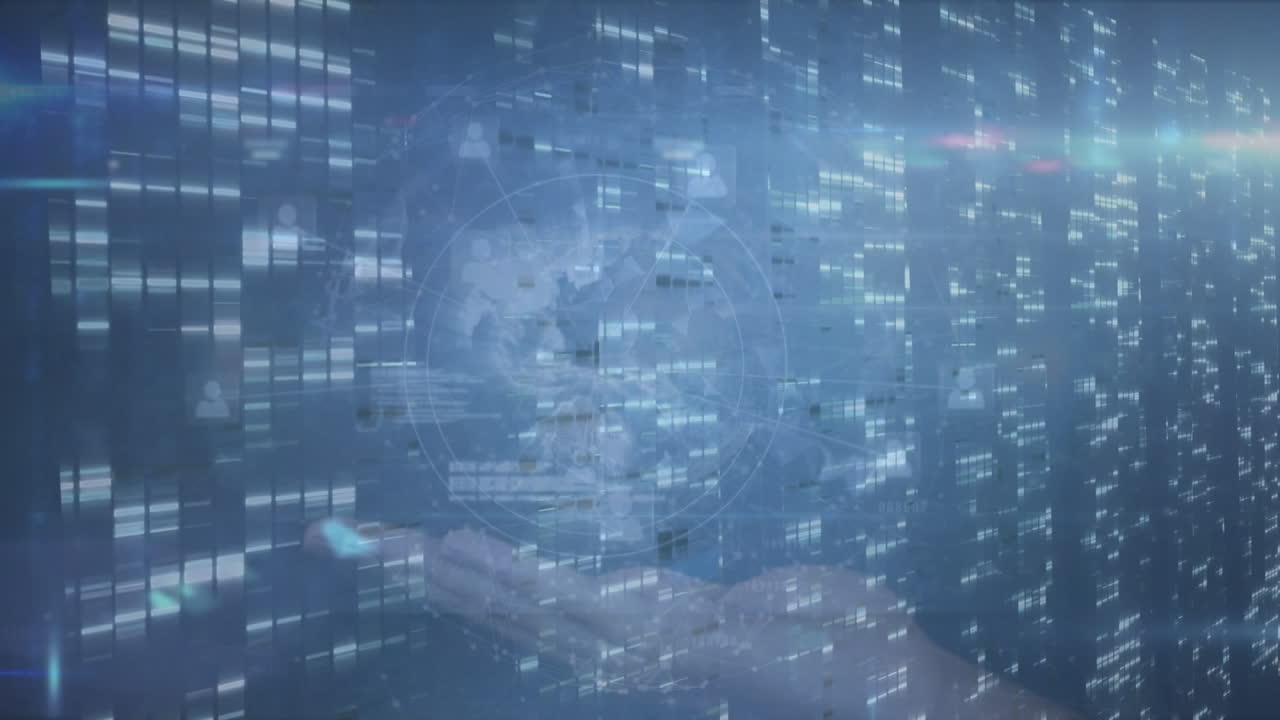 Animation of data processing with globe and hand over blue background