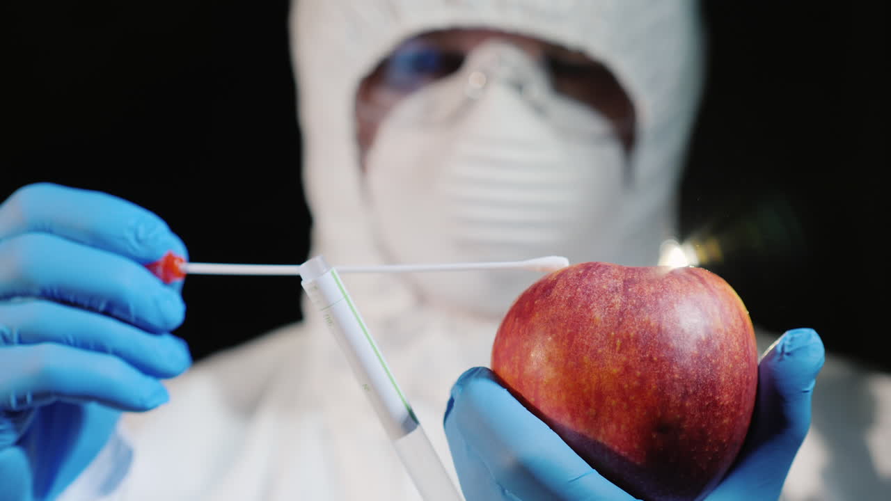 un hombre con ropa protectora y guantes toma un frotis de una manzana grande