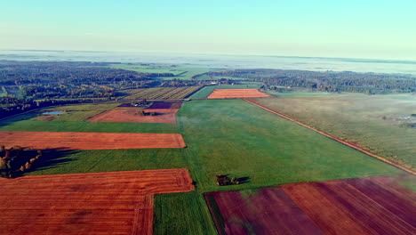 langzame luchtvlucht over kleurrijke teeltvelden in de natuur tijdens zonnige dag buiten met blauwe lucht