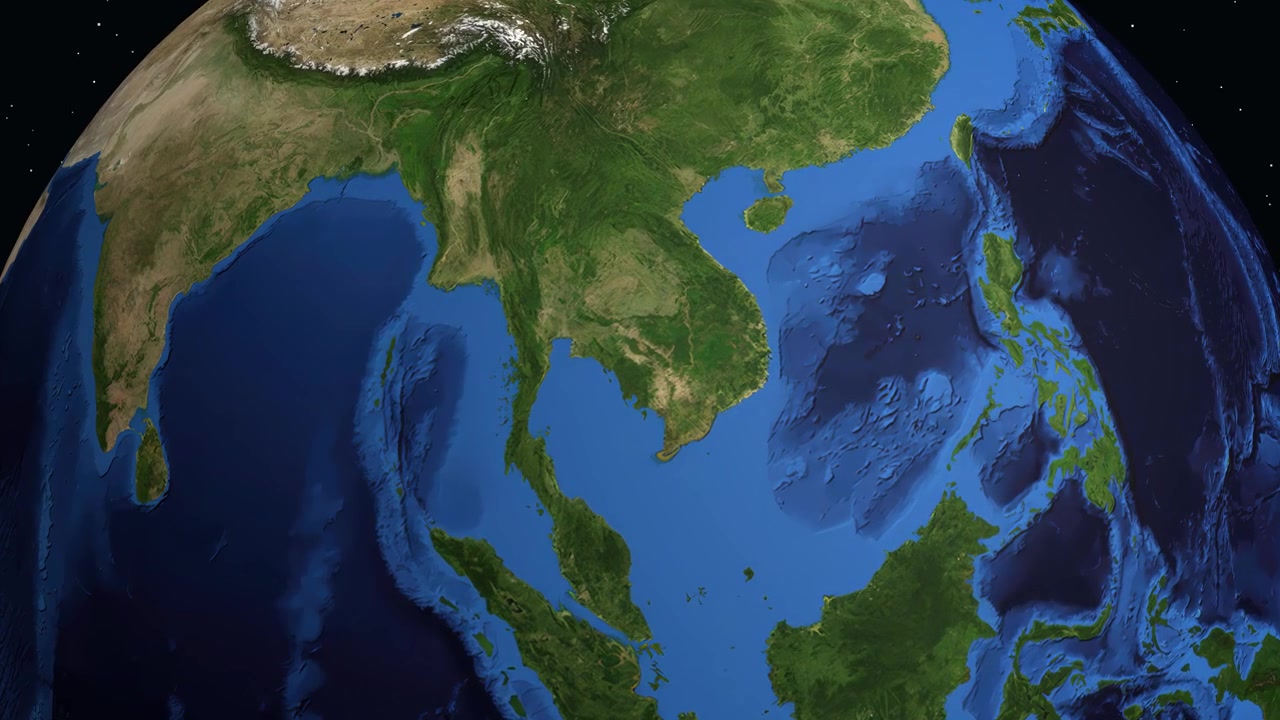 Un globo 3D rotante zooma su Pursat, Cambogia, mostrando dati di localizzazione e un marcatore