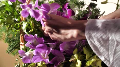 colorful orchid flower arrangement in basket, close up