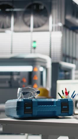 vertical video high tech solar cell manufacturing process with empty desk and safety gear