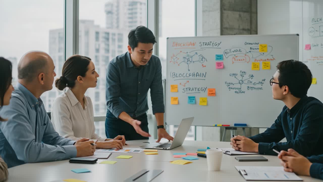 Engaging Collaborative Business Meeting Focused on Blockchain Strategy Development with Teams Brainstorming Ideas and Sharing Insights in Modern Office Space
