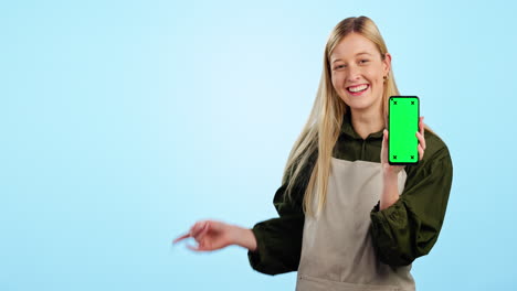 happy woman, phone and pointing with green screen