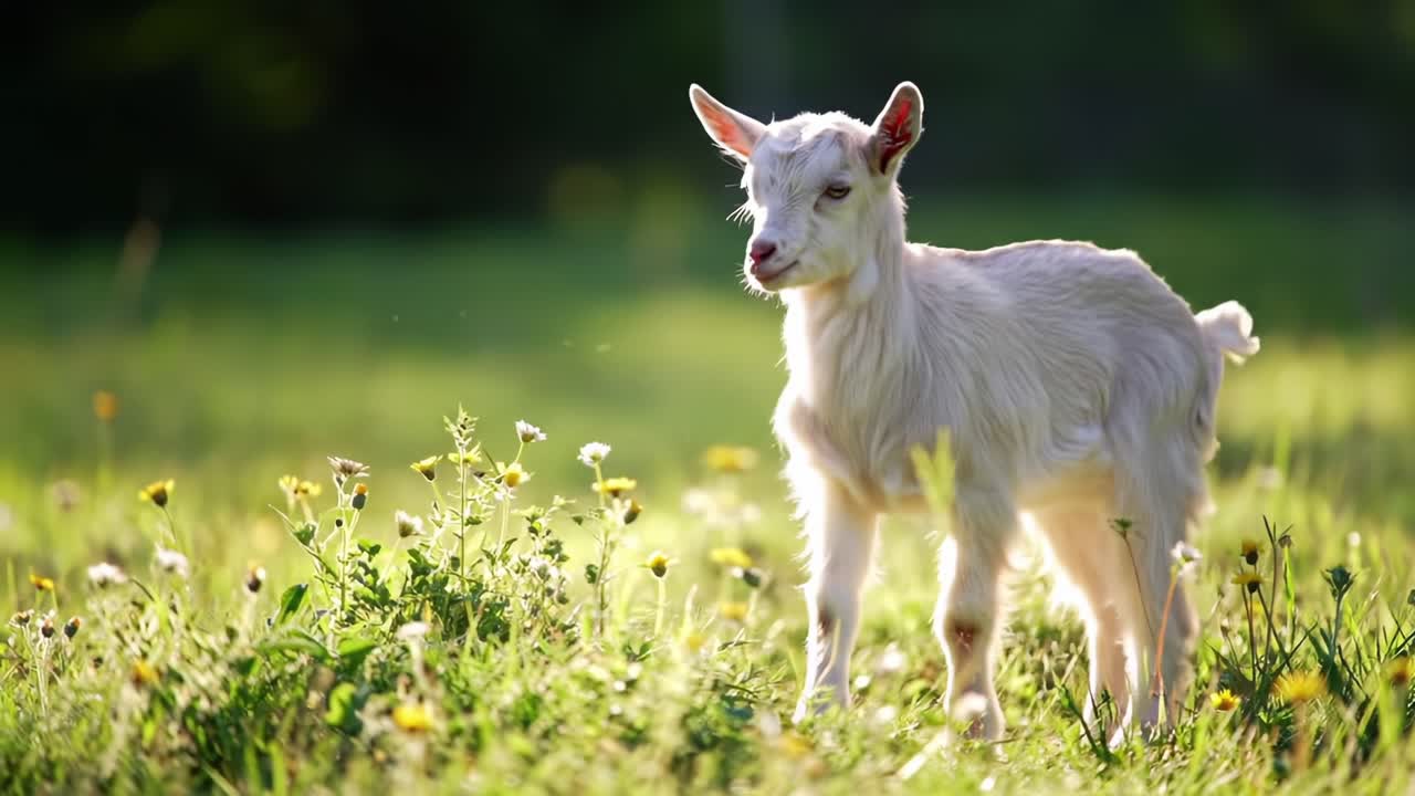 A Playful Young Goat Roaming Freely Amongst the Vibrant Wildflowers on a Bright Sunny Day in a Serene Natural Setting
