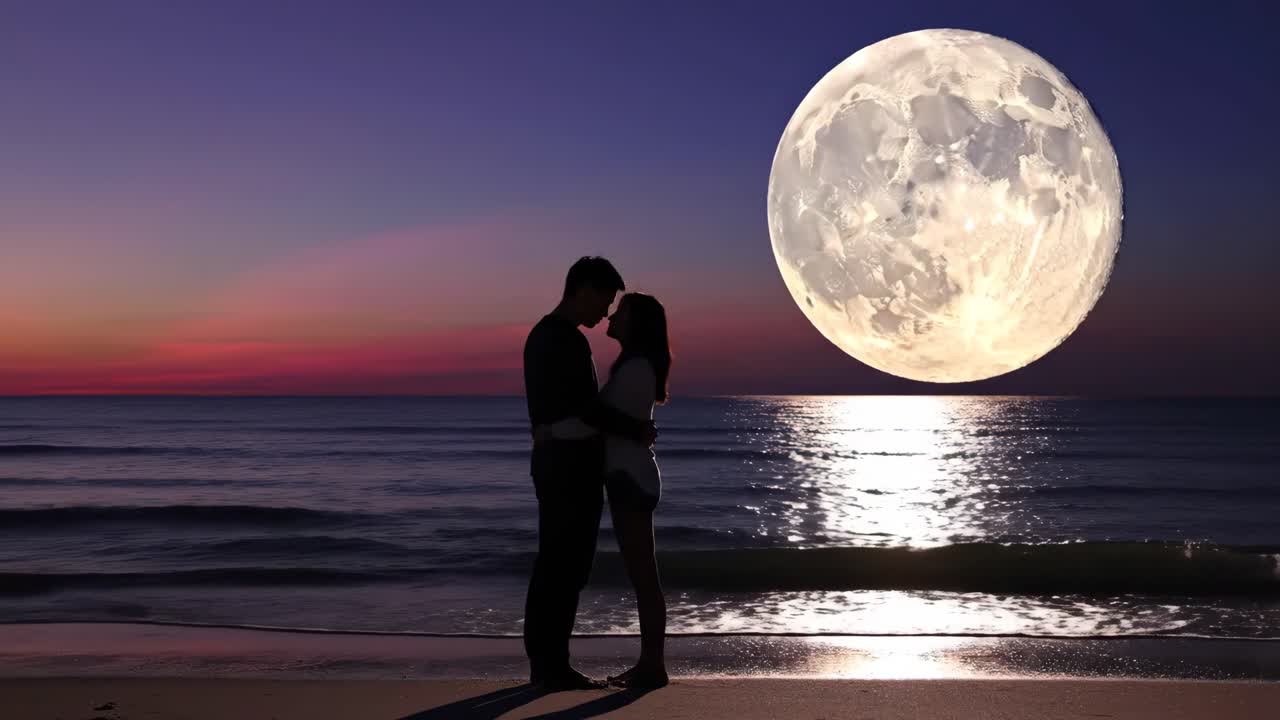 Couple Embracing on a Beach Under the Moonlight