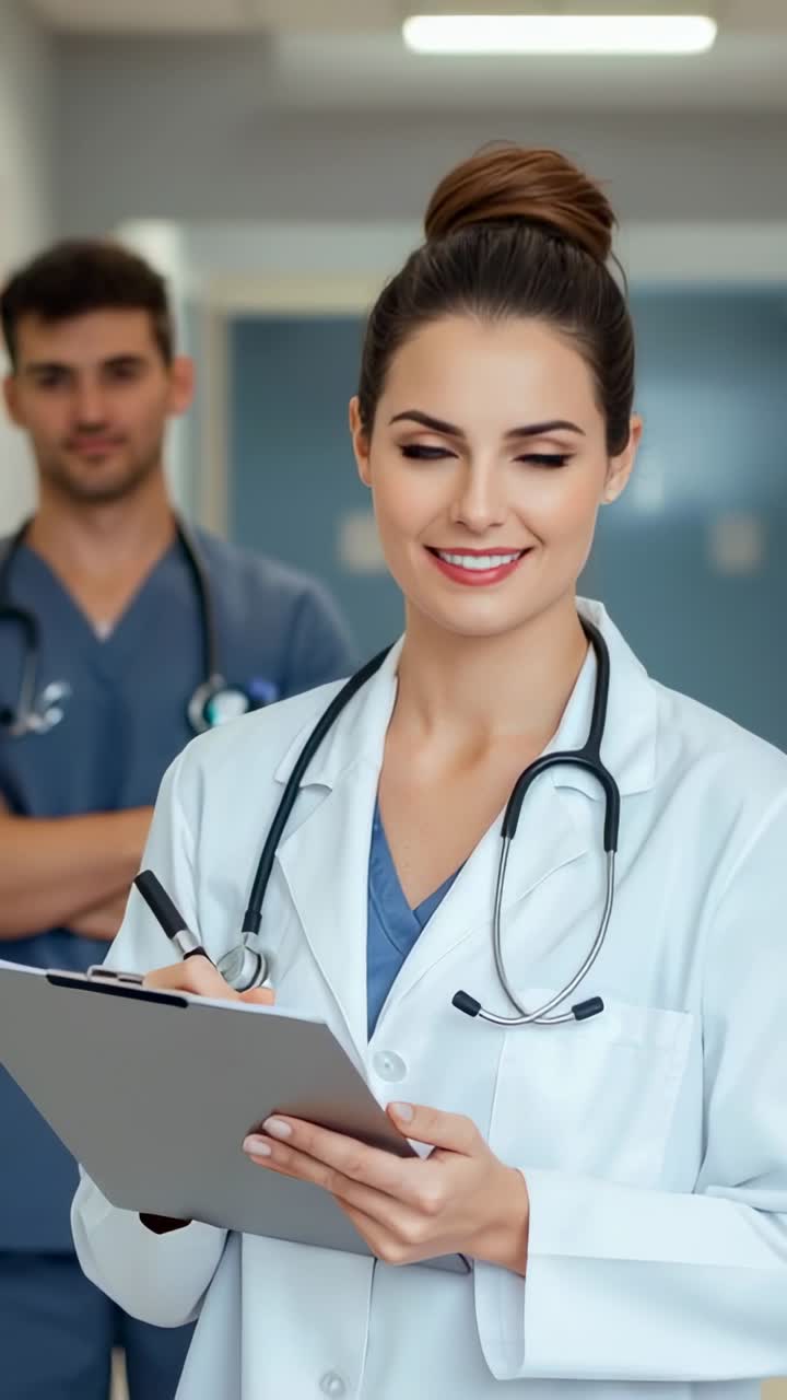 Vertical video: female doctor writing clipboard glancing at colleague in hospital corridor