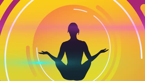 animación de la silueta de una mujer en pose de yoga sobre una bandera amarilla contra un fondo púrpura