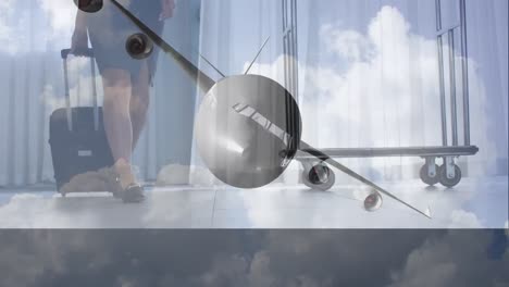 Animation-Eines-Flugzeugs-über-Einer-Kaukasischen-Flugbegleiterin-Mit-Koffer
