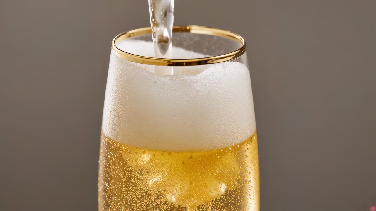 Opening metallic spout pouring flute glass in studio to fill, forming foam head and rising bubbles