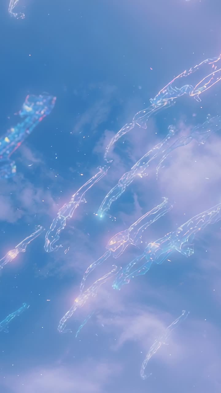 Vertical video: Luminescent tendrils drifting across soft pastel cloudy sky with glowing trails
