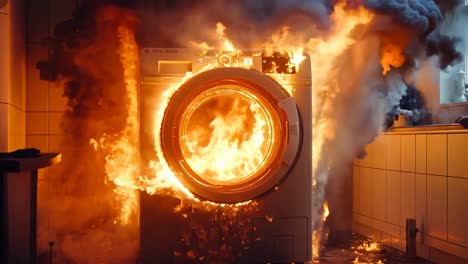 a burning washing machine in a kitchen with flames coming out of it