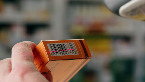 scanner scan delivery box in pharmacy drug store storage, e-commerce shop, man packing goods and clothes second hand delivery market, courier packaging and shipping workspace