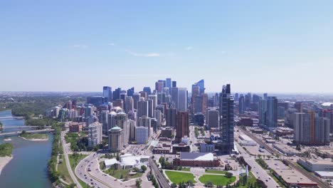 calgary's downtown and bow river are seen from a aerial drone on a summer day