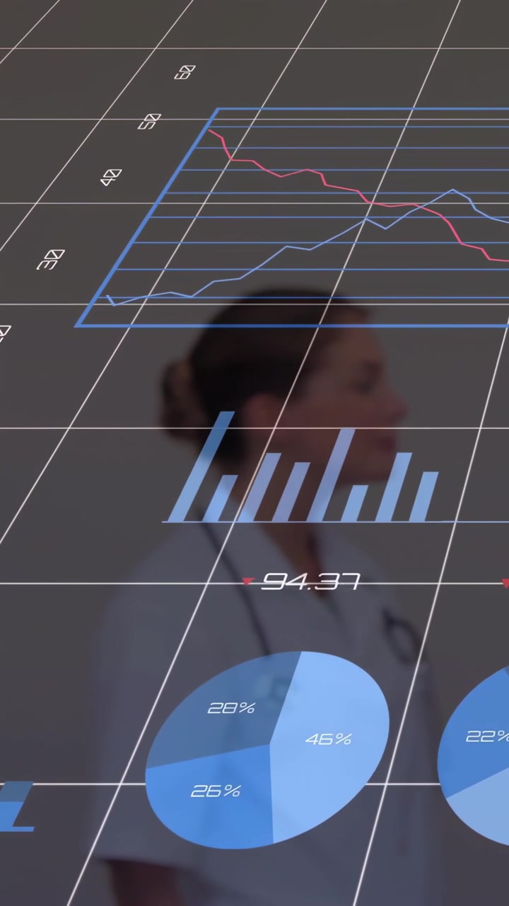 Vertical video: MD adjusting stethoscope initiating animated charts over MD showing health data