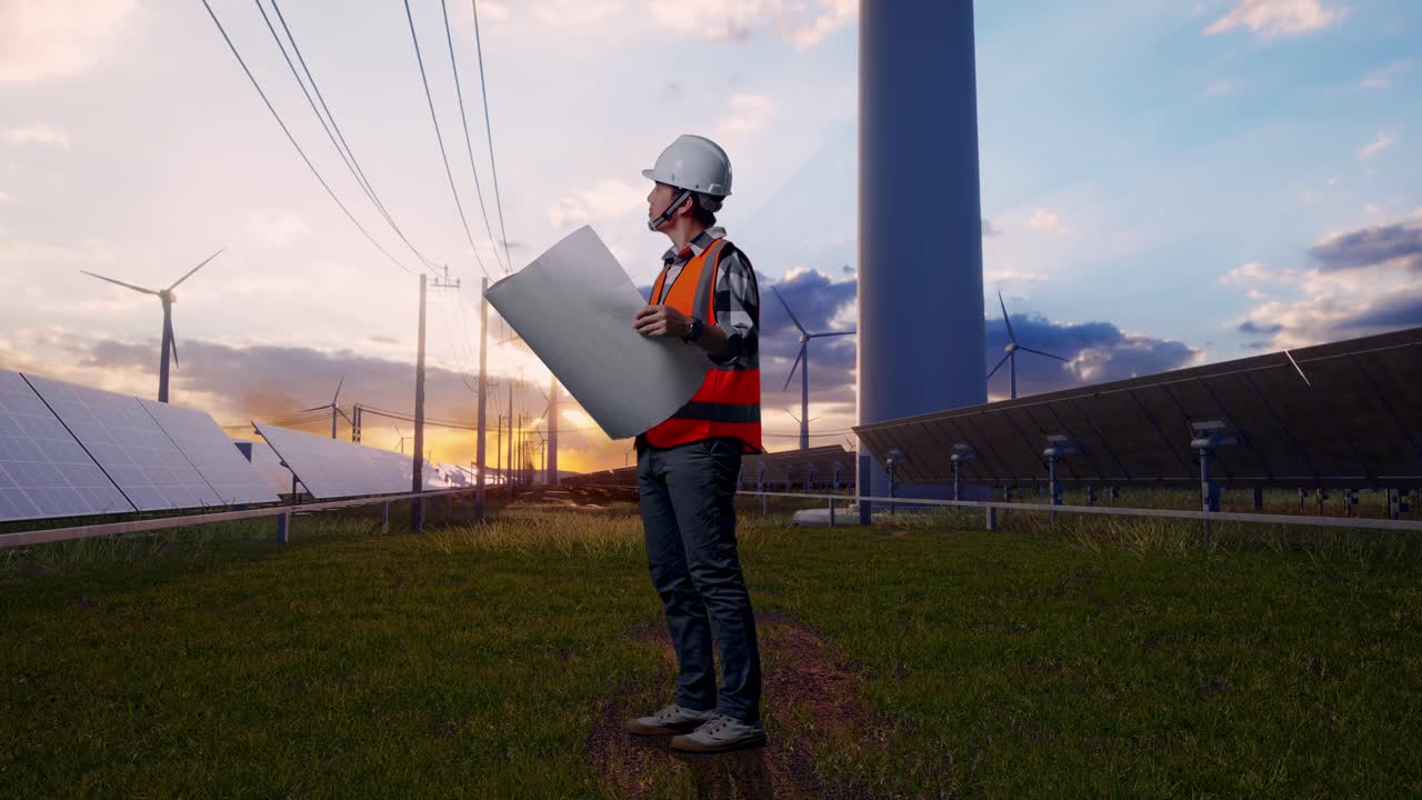 Full Body Side View Of Asian Male Engineer With Safety Helmet Looking At Blueprint In His Hands And Looking Around While Standing With Solar Panel and Wind Turbines