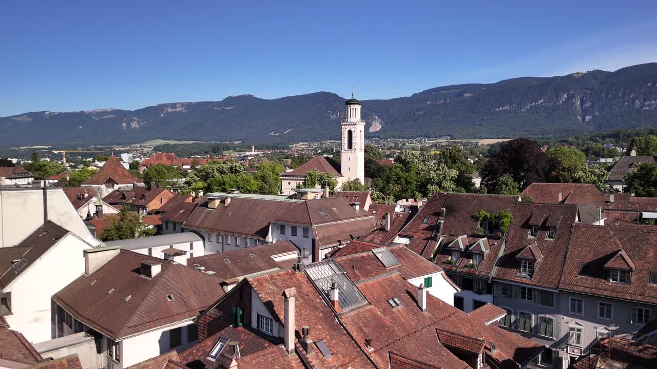 Medieval town Solothurn aerial over red roof Switzerland drone Europe city
