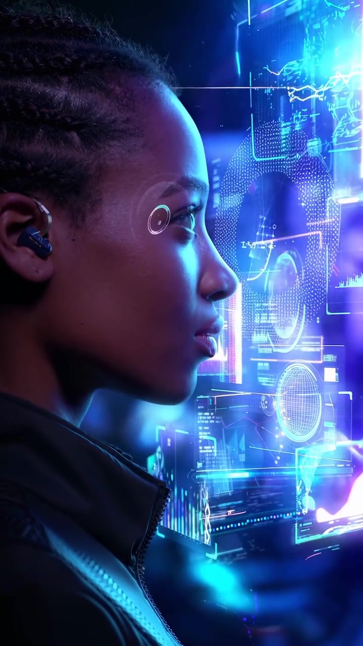 Young Woman Interacting with Futuristic Augmented Reality Data Interface