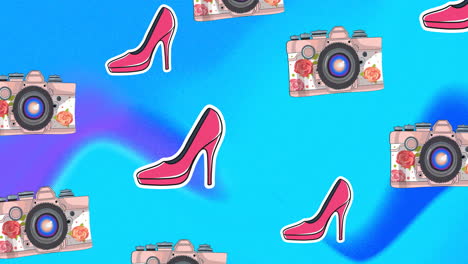 animation of red high heeled shoes and cameras on blue abstract background