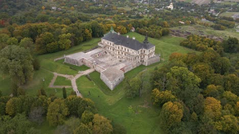 Panorama-Of-Residential-Castle-fortress-Of-Pidhirtsi-With-Nature-Surroundings-In-Lviv-Oblast-Province,-Western-Ukraine