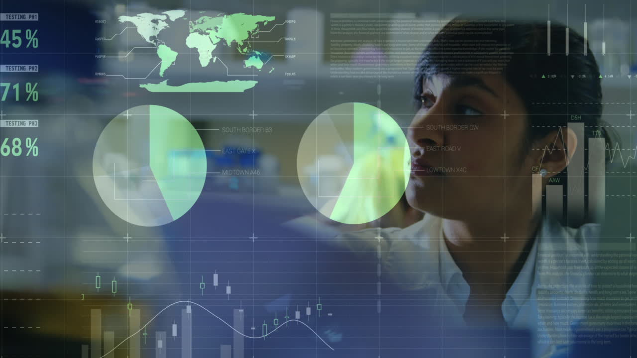 animación de diagramas flotantes y procesamiento de datos sobre una doctora biracial