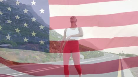 Animation-of-american-flag-moving-over-woman-running-on-street