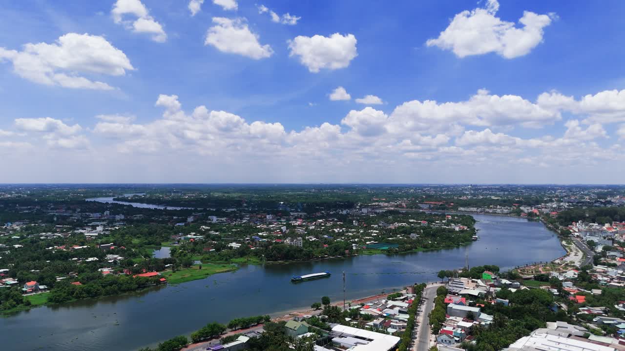 Aerial View Dolly Tilt of the City and the River in Binh Duong.