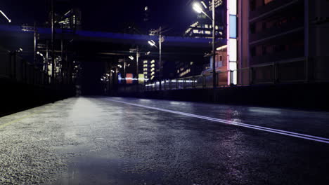 vivid urban nightscape with glowing lights and reflective asphalt path
