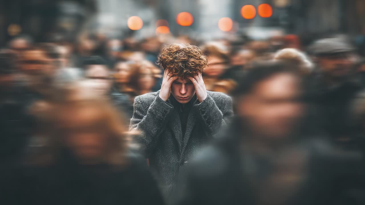 人混みの中で：若い男性が、人々と騒音に満ちた賑やかな街路を歩きながら、圧倒的な考えと格闘しています。