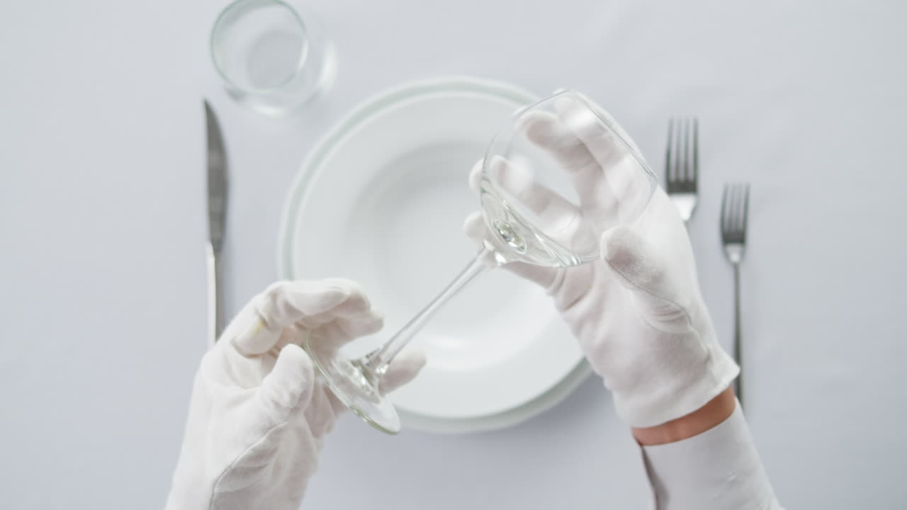 Professional table setting with white gloves. Plates, fork, knife, and glass arranged on a white table.