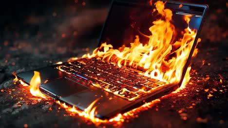 a laptop computer on fire on the ground