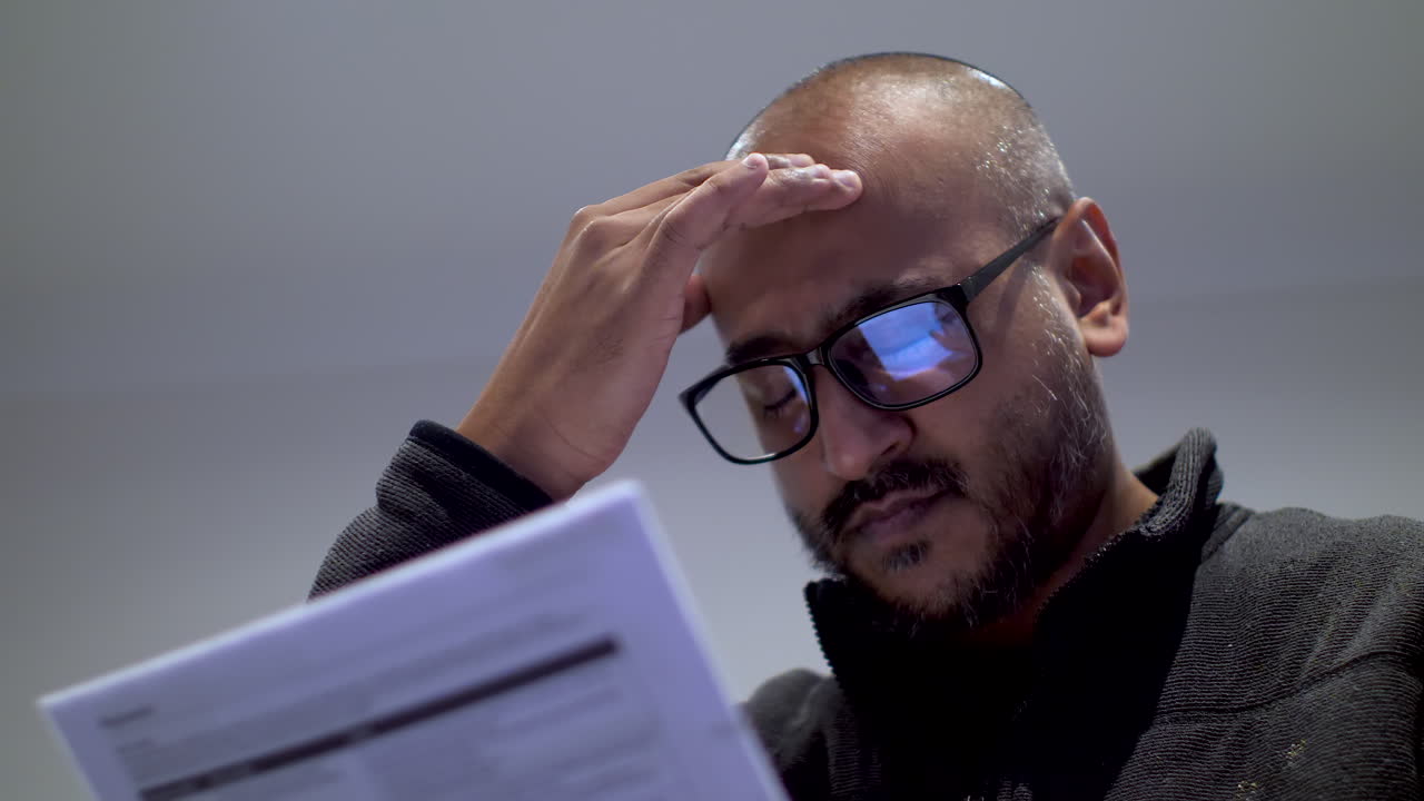 masculino calvo británico del sur de asia frotando la frente mirando las facturas del hogar mirando visiblemente ansioso