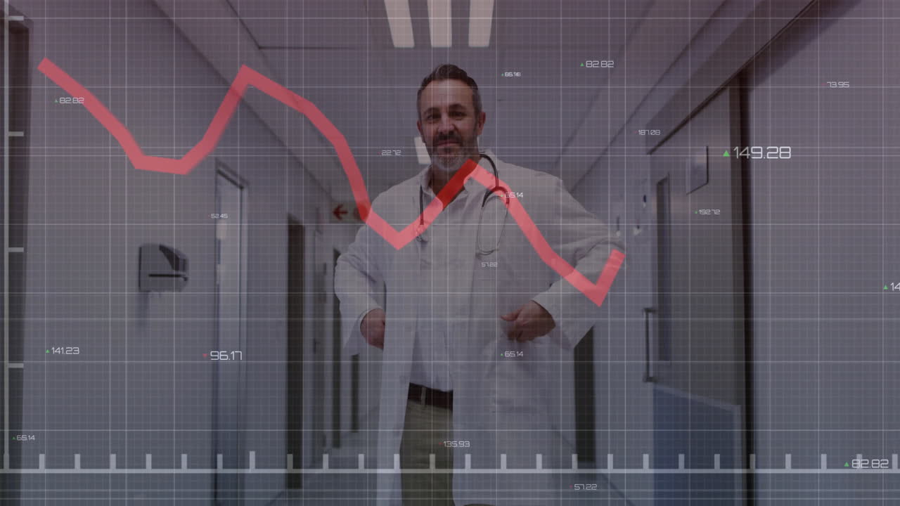 In hospital hallway, doctor analyzing financial graph animation, reviewing data